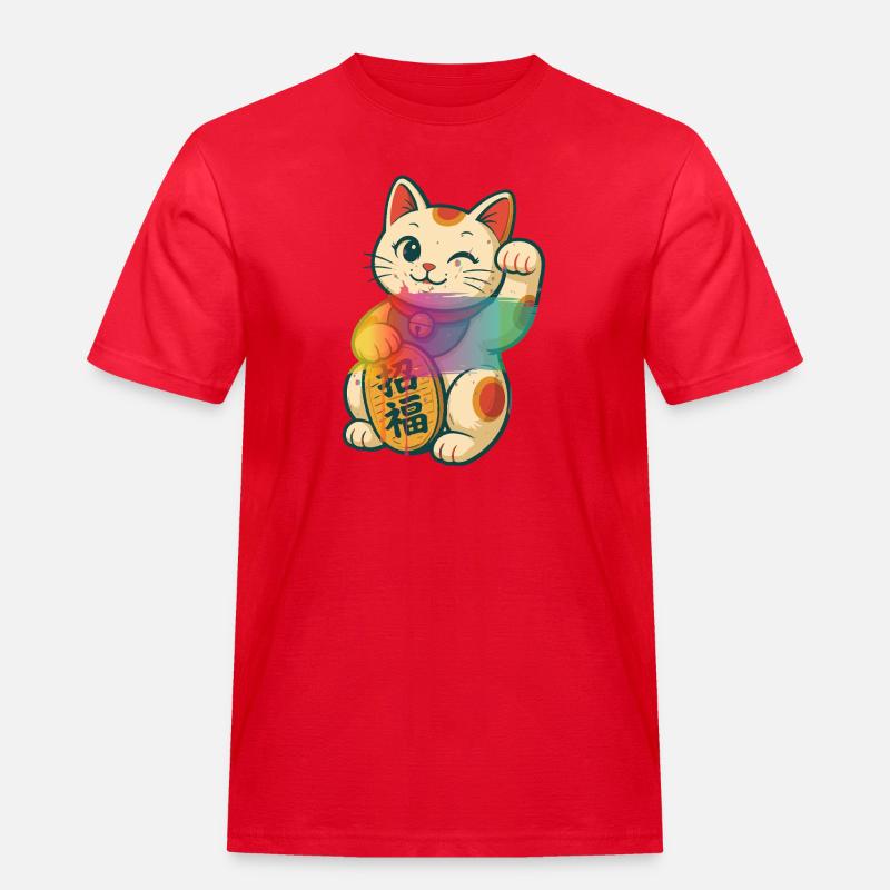 Winkende Glückskatze mit Regenbogen Effekt - Männer Workwear T-Shirt - Rot