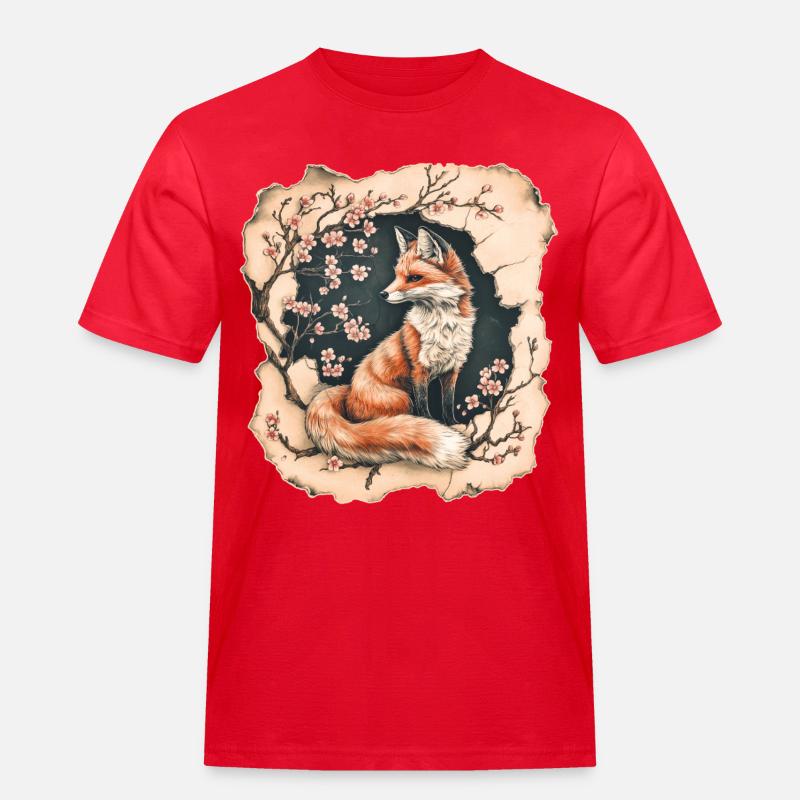 Fuchs mit Kirschblüten - Männer Workwear T-Shirt - Rot