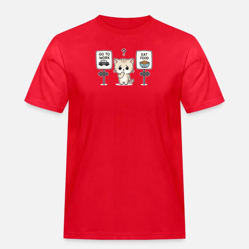 Katzendilemma: Arbeit oder Mahlzeit - Männer Workwear T-Shirt - Rot
