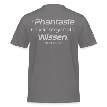 "Phantasie ist wichtiger als Wissen." - Einstein - Männer Workwear T-Shirt - Grau - Hinten - AI Model Male 185 dark (185cm)