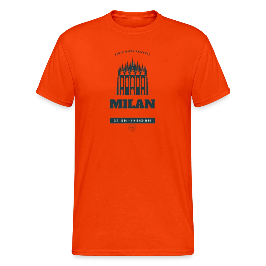 Milan badge on a men's gildan heavy t-shirt, orange, front