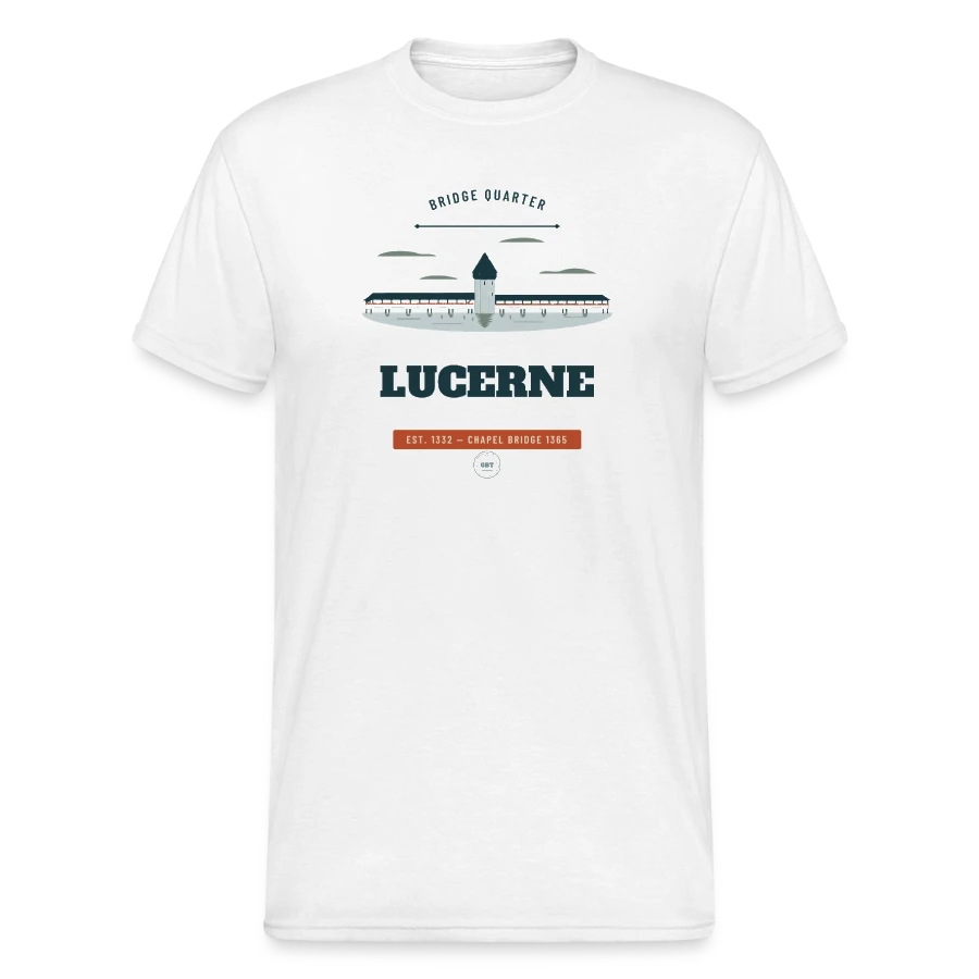 Lucerne badge on a men's gildan heavy t-shirt, white