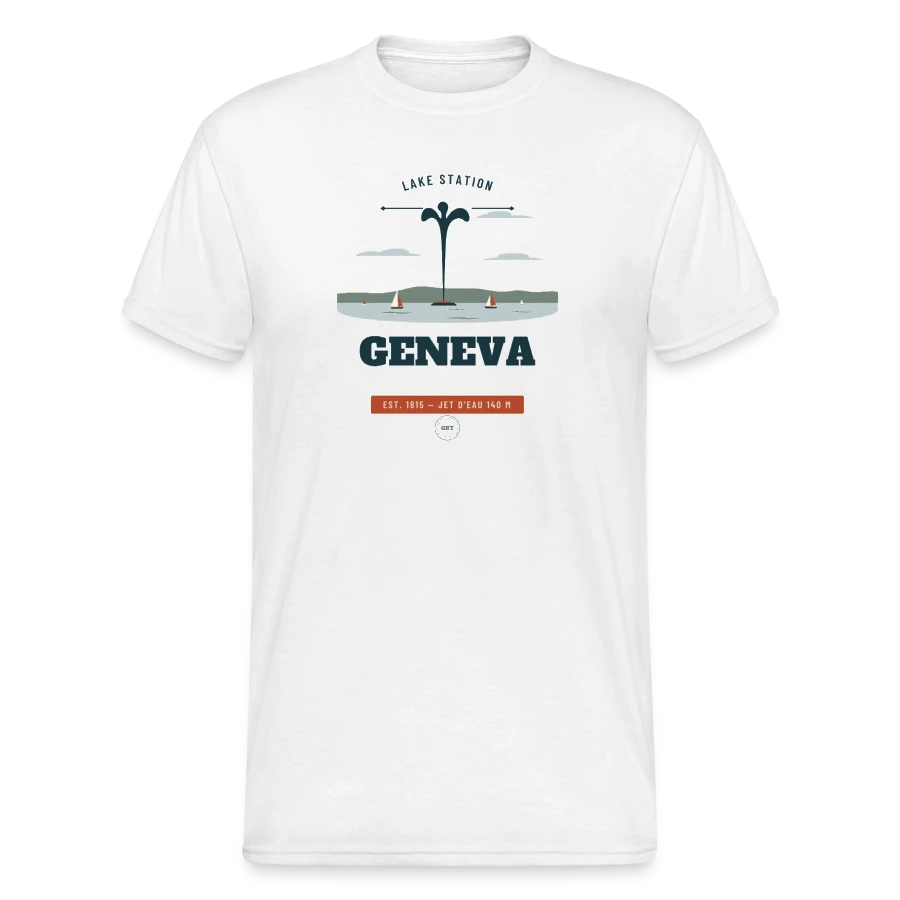 Geneva badge on a men's gildan heavy t-shirt, white
