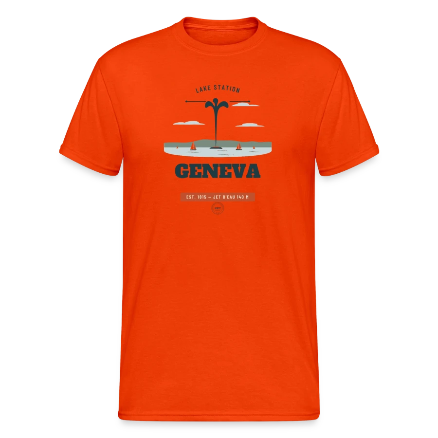 Geneva badge on a men's gildan heavy t-shirt, orange