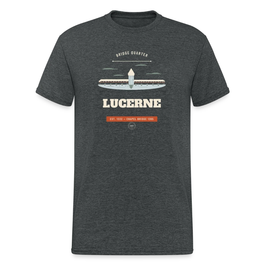 Lucerne badge on a men's gildan heavy t-shirt, dark heather grey