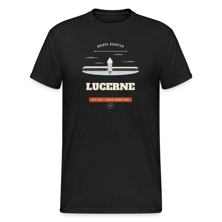 Lucerne badge on a men's gildan heavy t-shirt, black
