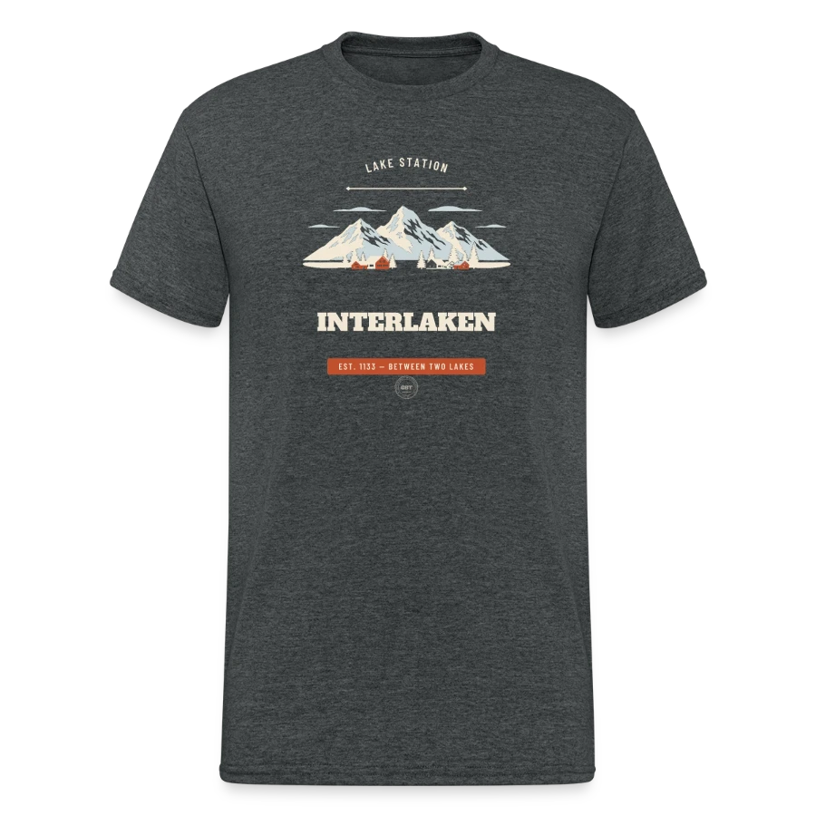 Interlaken badge on a men's gildan heavy t-shirt, dark heather grey
