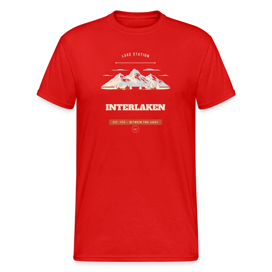 Interlaken badge on a men's gildan heavy t-shirt, red