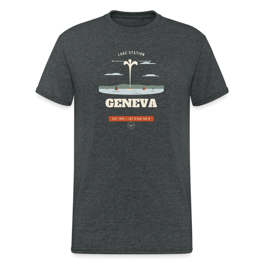 Geneva badge on a men's gildan heavy t-shirt, dark heather grey
