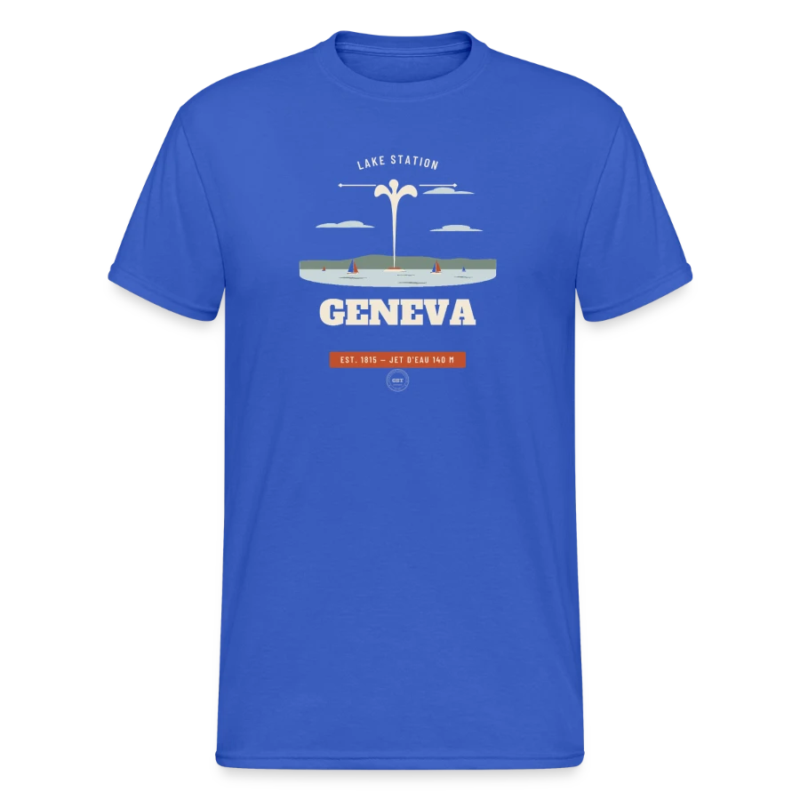 Geneva badge on a men's gildan heavy t-shirt, royal blue
