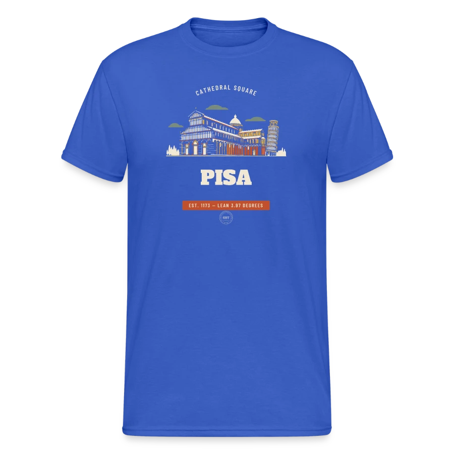 Pisa badge on a men's gildan heavy t-shirt, royal blue, front