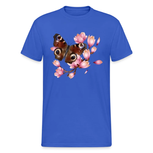 Papillon Paon et Magnolia Rose : Élégance Naturelle - T-shirt Gildan épais homme