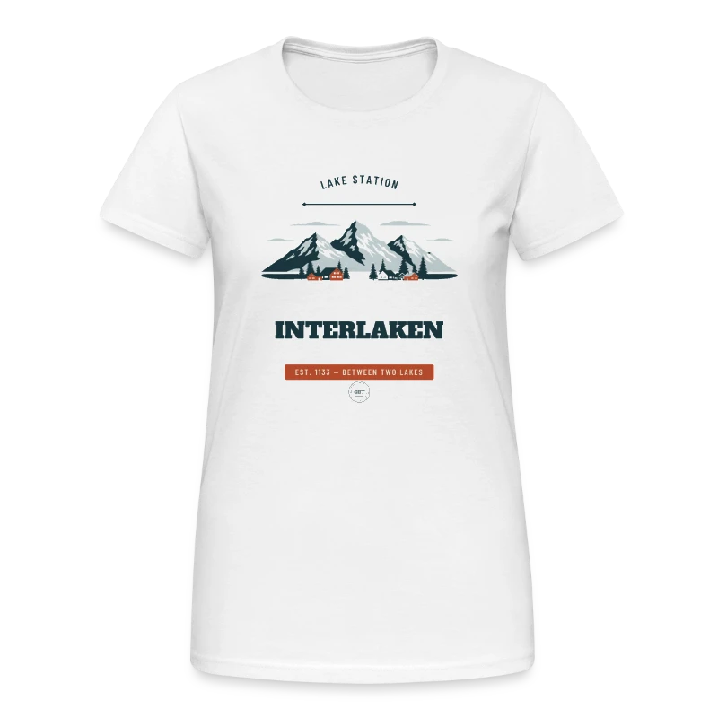 Interlaken badge on a women's gildan heavy t-shirt