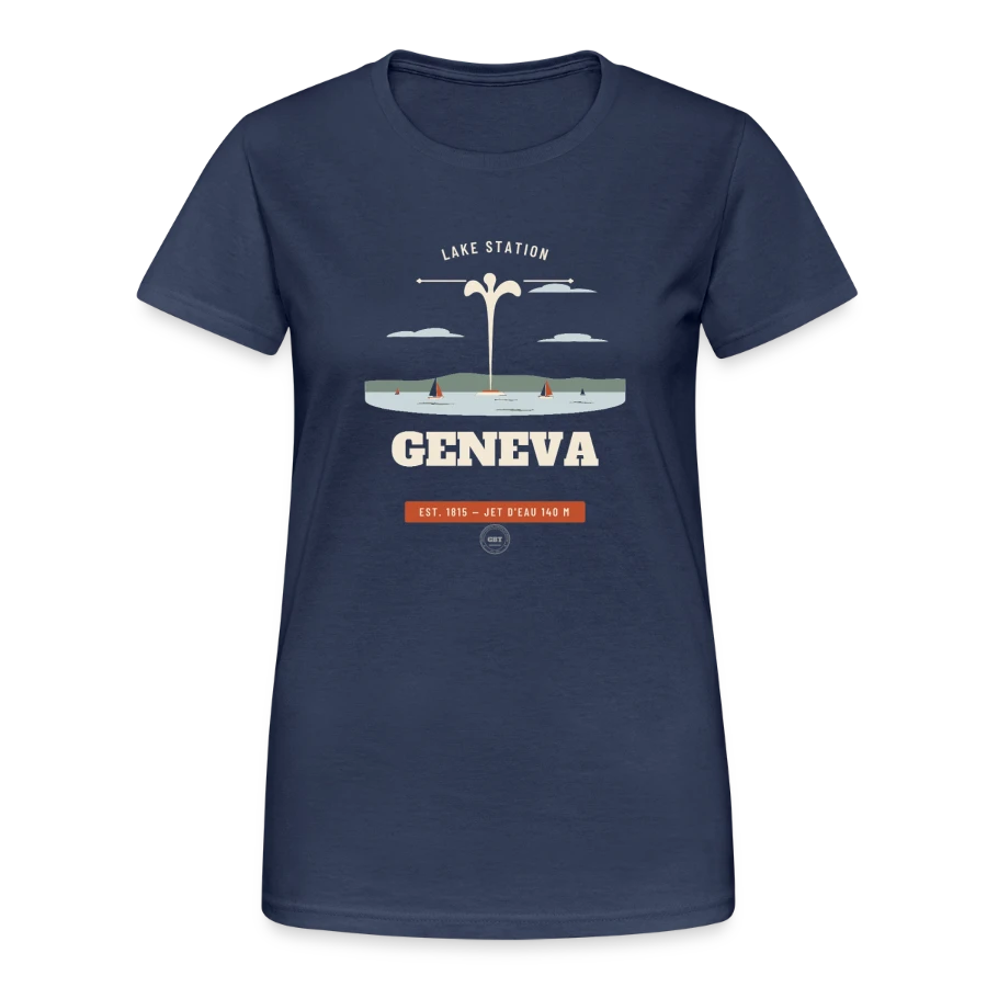 Geneva badge on a women's gildan heavy t-shirt, navy