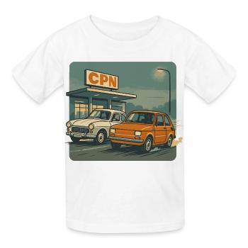 Polnische Retro-Autos an der alten CPN-Tankstelle - Kinder T-Shirt von Russell - Weiß - Vorne - AI Model Kid Male (0cm)