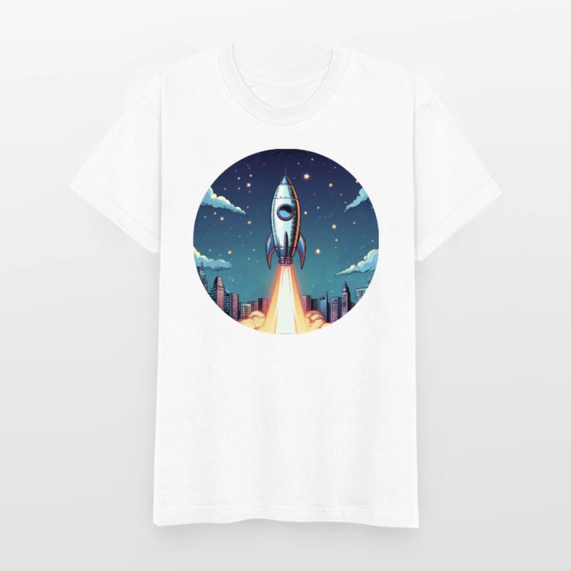 Lancement d’une fusée dans l’espace devant le ciel nocturne dans un style comique T-shirts Russell Enfant