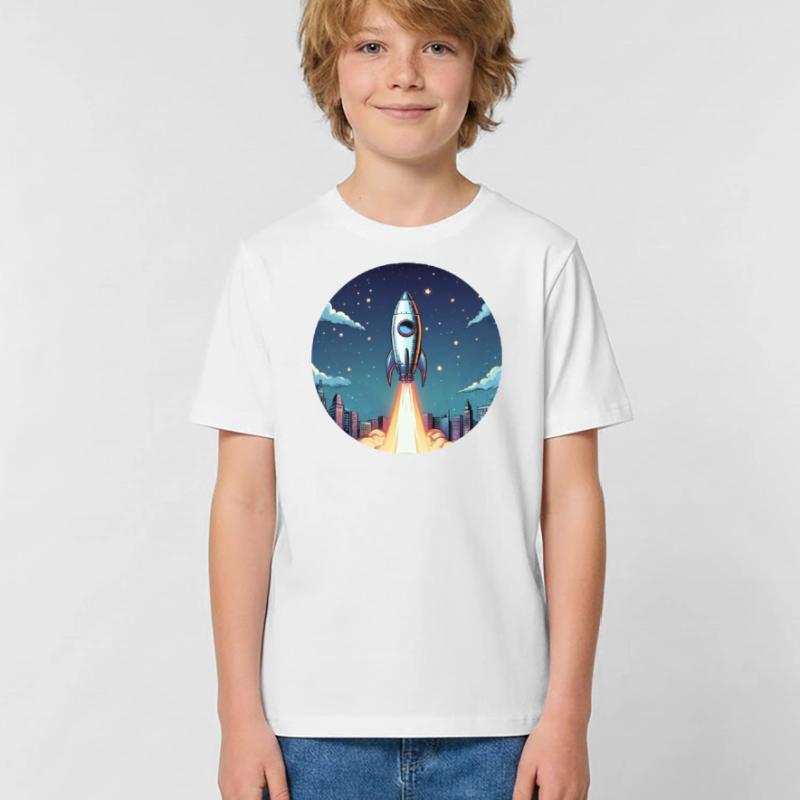 Lancement d’une fusée dans l’espace devant le ciel nocturne dans un style comique T-shirts Russell Enfant