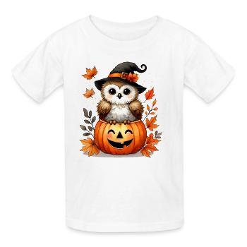 Halloween-Eule im Kürbis:herbstlicher Gruselspaß - Kinder T-Shirt von Russell - Weiß - Vorne - AI Model Kid Male (0cm)