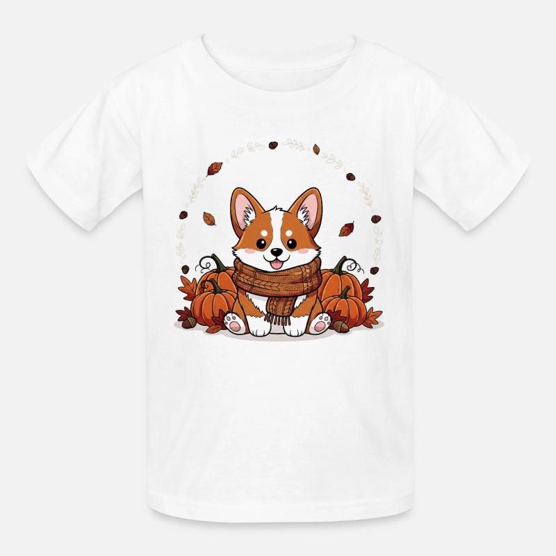Mignon corgi d’automne avec décor de citrouille - T-shirts Russell Enfant - blanc