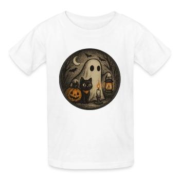 Spooky Halloween night scene with cat - Kids T-Shirt by Russell - white - Front - AI Model Kid Male (0cm)