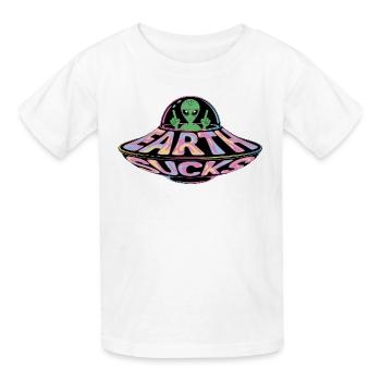 Neon UFO Earth Sucks Alien, Erde - Kids T-Shirt by Russell - white - Front - AI Model Kid Male (0cm)