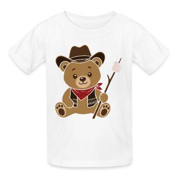 Cowboy Teddybär mit Marshmallow Lagerfeuer Motiv - Kinder T-Shirt von Russell - Weiß - Vorne - AI Model Kid Male (0cm)