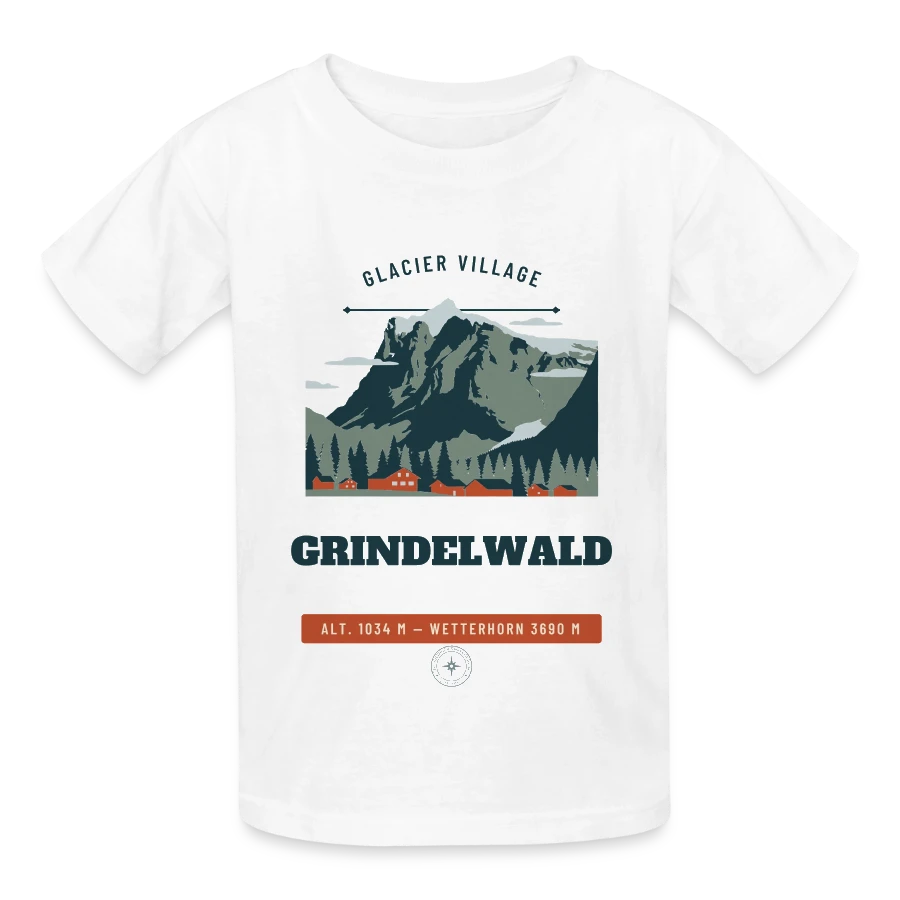 Grindelwald badge on a kids t-shirt by russell, white, front