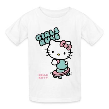 Hello Kitty Auf Einem Skateboard Mit Girls Rule - Kinder T-Shirt von Russell - Weiß - Vorne - AI Model Kid Male (0cm)