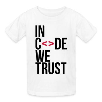 in code we trust ! - Kids T-Shirt by Russell - white - Front - AI Model Kid Male (0cm)