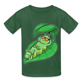 Raupe mit Blatt als Sonnenschirm - Kinder T-Shirt von Russell - Flaschengrün - Vorne - AI Model Kid Male (0cm)