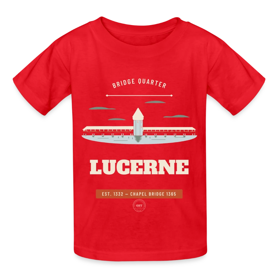 Lucerne badge on a kids t-shirt by russell, red