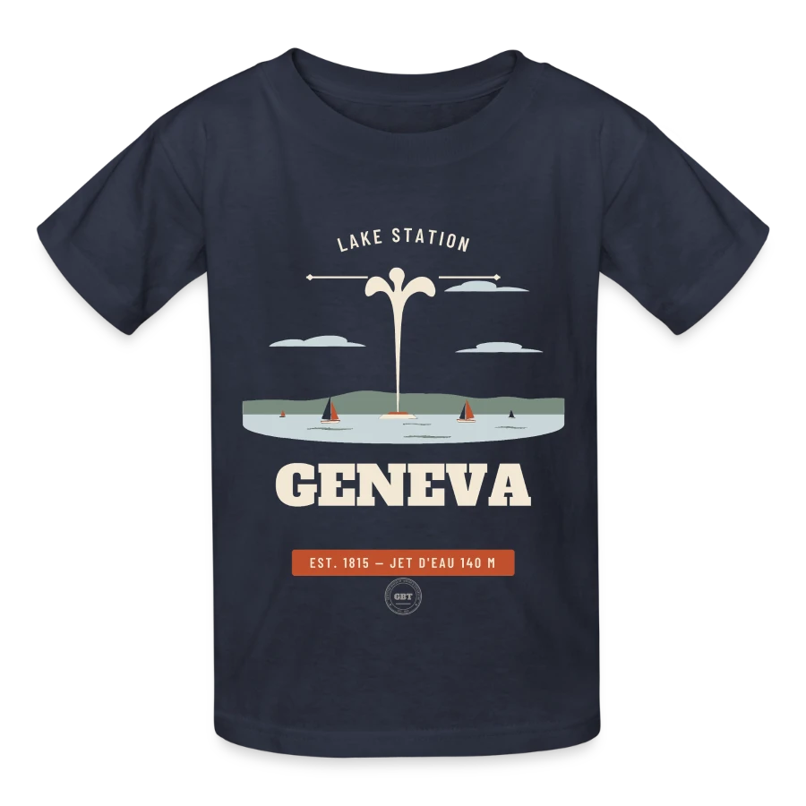 Geneva badge on a kids t-shirt by russell, navy
