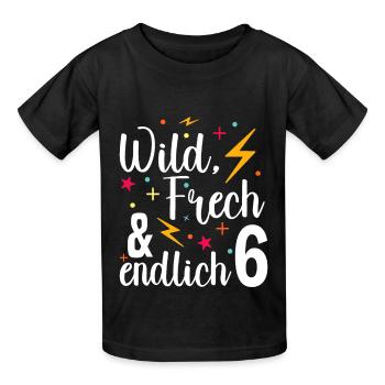 Kindergeburtstag T-Shirt Endlich Wild frech Feier - Kinder T-Shirt von Russell - Schwarz - Vorne - AI Model Kid Male (0cm)