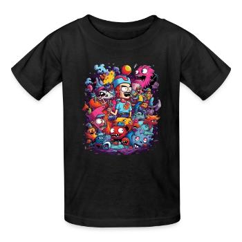 Cartoon Figuren Monster Mensch Tiere Bunt - Kinder T-Shirt von Russell - Schwarz - Vorne - AI Model Kid Male (0cm)