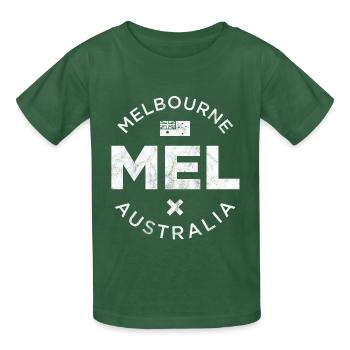MEL, Melbourne Australie - T-shirts Russell Enfant - vert bouteille - Devant - AI Model Kid Male (0cm)