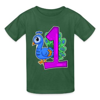 Zahl 1 Nummer Eins - Blauer Pfau Motiv - Kinder T-Shirt von Russell - Flaschengrün - Vorne - AI Model Kid Male (0cm)