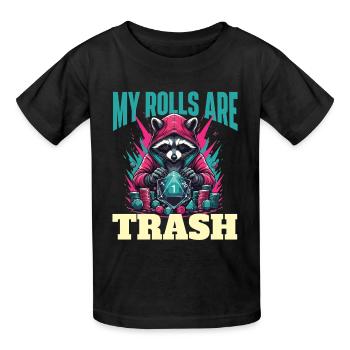 My Rolls Are Trash Funny Dice Quote RPG Humor - Kids T-Shirt by Russell - black - Front - AI Model Kid Male (0cm)