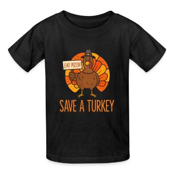 Rette Einen Truthahn Essen Pizza Lustig Thanksgiving Männer Frauen - Kinder T-Shirt von Russell - Schwarz - Vorne - AI Model Kid Male (0cm)