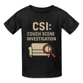 Couch Scene Investigation – Funny True Crime - Kids T-Shirt by Russell - black - Front - AI Model Kid Male (0cm)