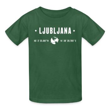 Ljubljana GPS-Koordinaten Globe Moderne Typografie - Kinder T-Shirt von Russell - Flaschengrün - Vorne - AI Model Kid Male (0cm)