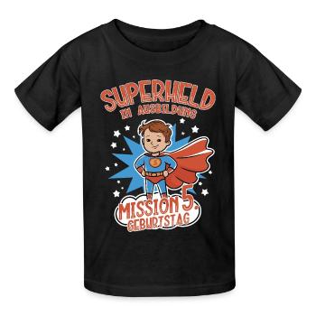 Superheld 5. Geburtstag Junge braune Haare - Kinder T-Shirt von Russell - Schwarz - Vorne - AI Model Kid Male (0cm)