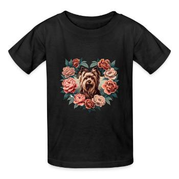 Yorkshire Terrier Pfingstrosen - Kinder T-Shirt von Russell - Schwarz - Vorne - AI Model Kid Male (0cm)