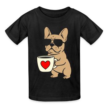 Conception de l’appartement Frenchie Coffee - T-shirts Russell Enfant - noir - Devant - AI Model Kid Male (0cm)