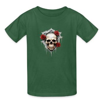 Dunkle Gothic Totenkopf Rosen Blumenkunst Grafik Mode - Kinder T-Shirt von Russell - Flaschengrün - Vorne - AI Model Kid Male (0cm)