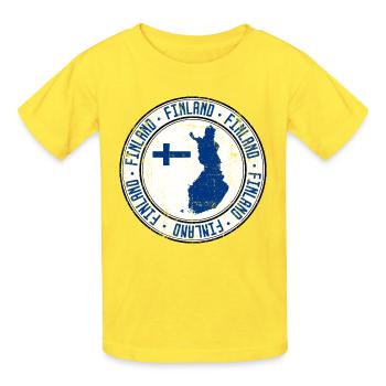 Finland Map Circular Crest with Flag - Kids T-Shirt by Russell - yellow - Front - AI Model Kid Male (0cm)