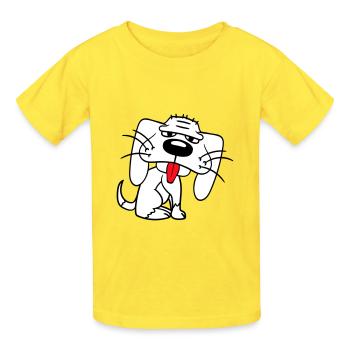 Hund Sitzt Lustig Süß Streck Zunge Heraus Comic - Kinder T-Shirt von Russell - Gelb - Vorne - AI Model Kid Male (0cm)