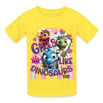 Girls like Dinosaurs Mädchen Dinosaurier Dinos - Kinder T-Shirt von Russell - Gelb - Vorne - AI Model Kid Male (0cm)