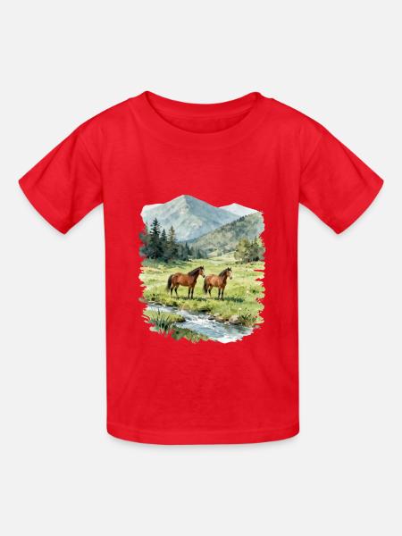Wasserfarbene Gebirgsponys - Kinder T-Shirt von Russell - Rot