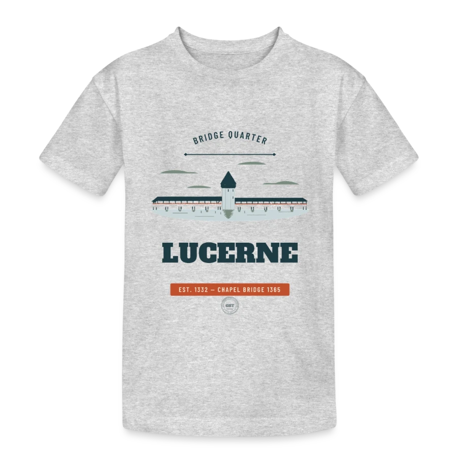 Lucerne badge on a teenager heavy cotton t-shirt, heather grey