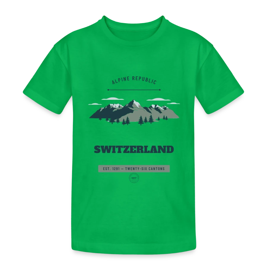 Switzerland badge on a teenager heavy cotton t-shirt, kelly green